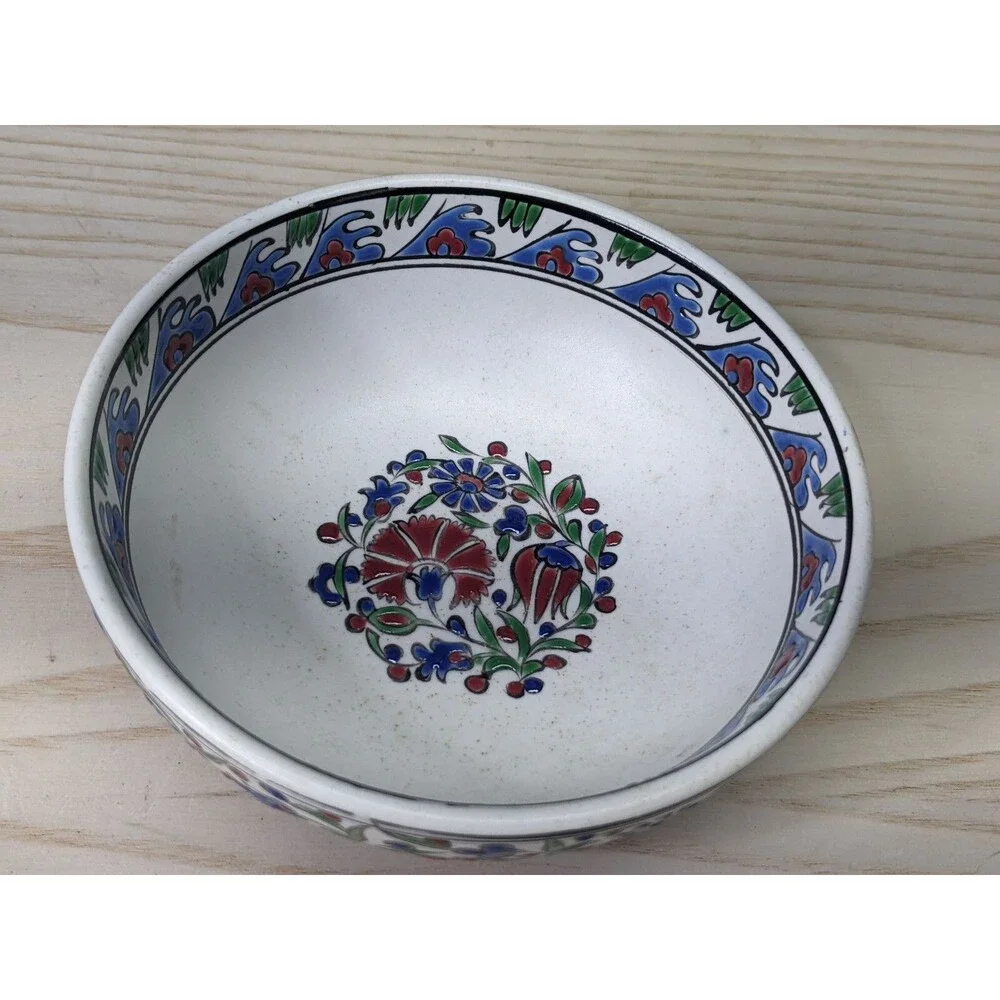 Hand painted Signed Small Turkish Bowl Red Green Floral Deer Trinkets Jewelry